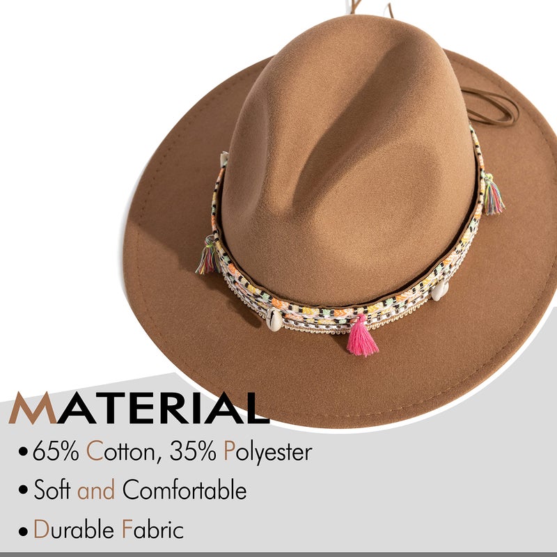 Gossifan Women's Felt Fedora Hat Wide Brim Panama Hats with Tassel-Khaki - Image 2